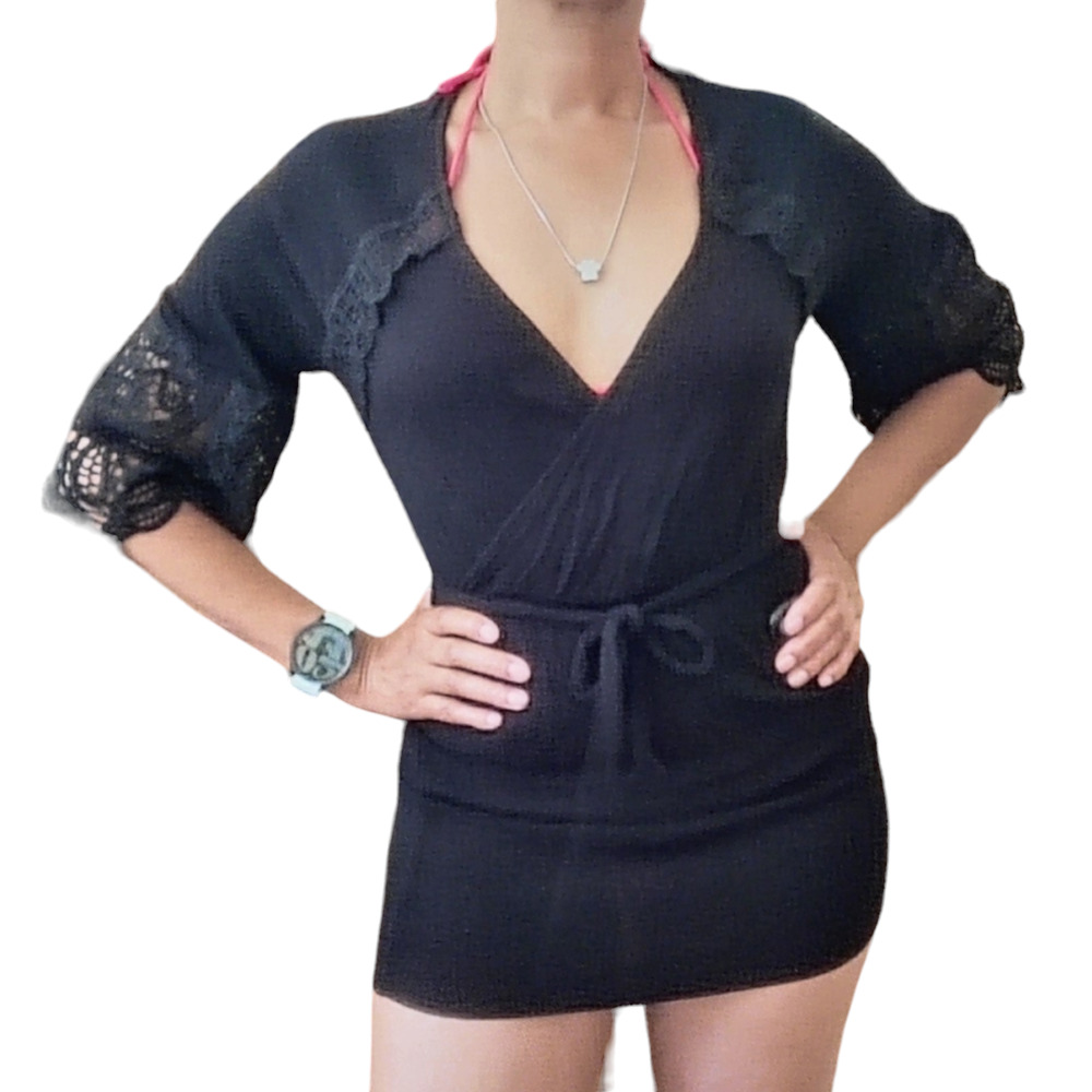 ISABELLA ROSE gauzy lace sleeve black boho beach cover up mini dress Size S NEW - Picture 10 of 10